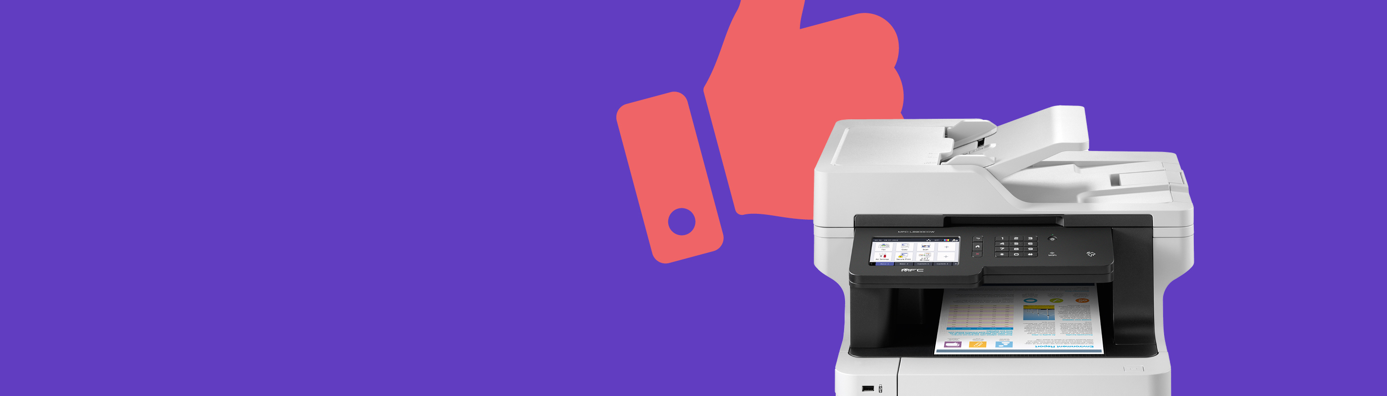 Long live colour banner containing a printer and thumb illustration in the background.